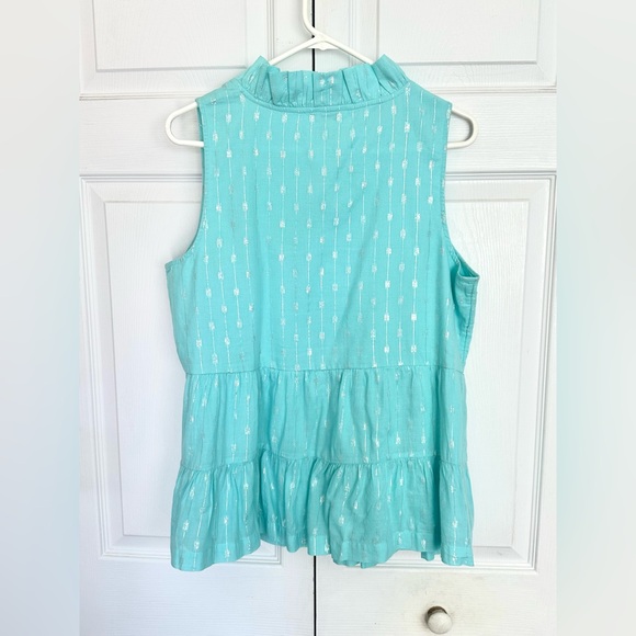 Crown & Ivy Cotton Blend Aqua Metallic Ruffle Sleeveless Top-Size Large - Picture 7 of 10